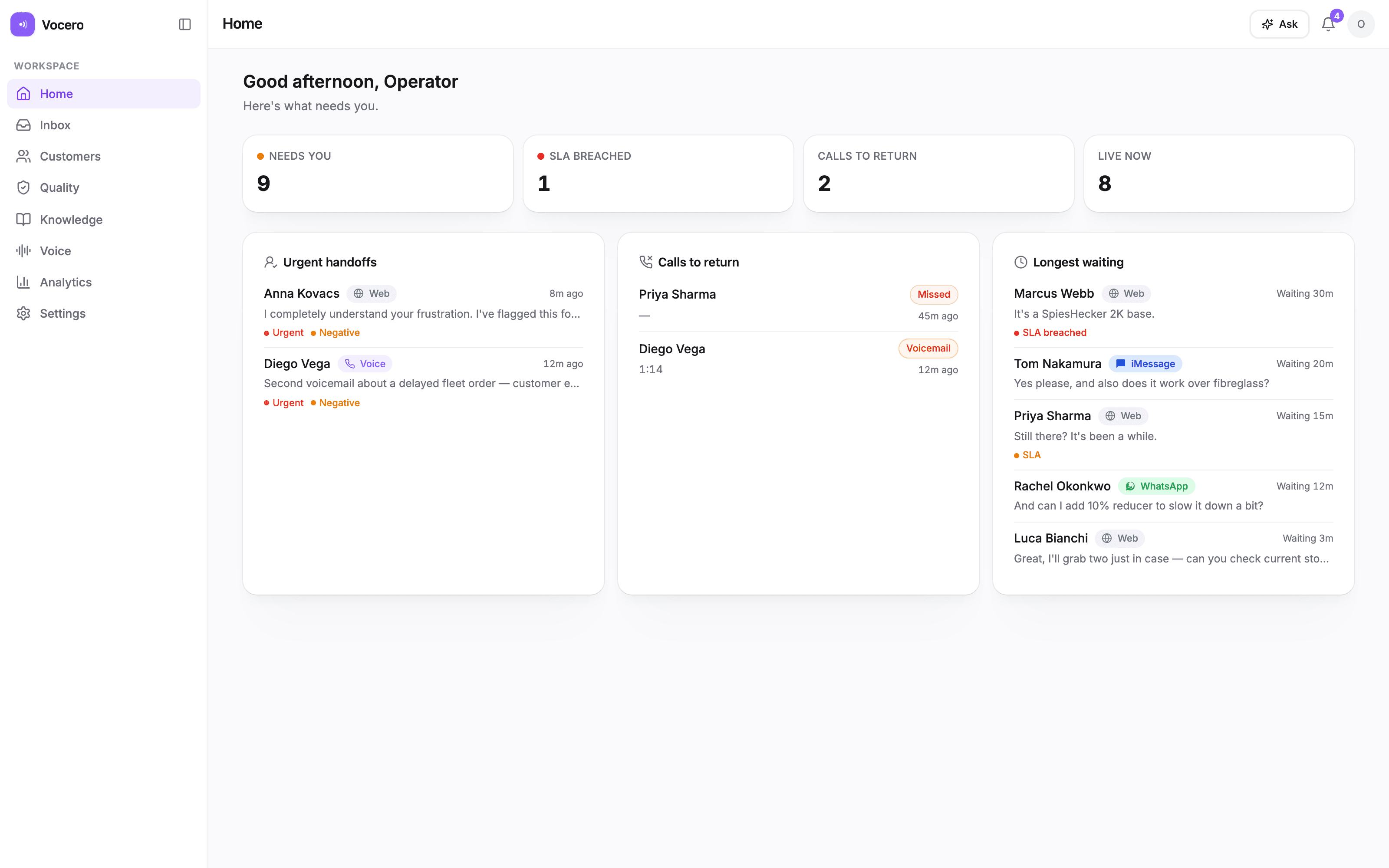 The Vocero Control Center — platform overview