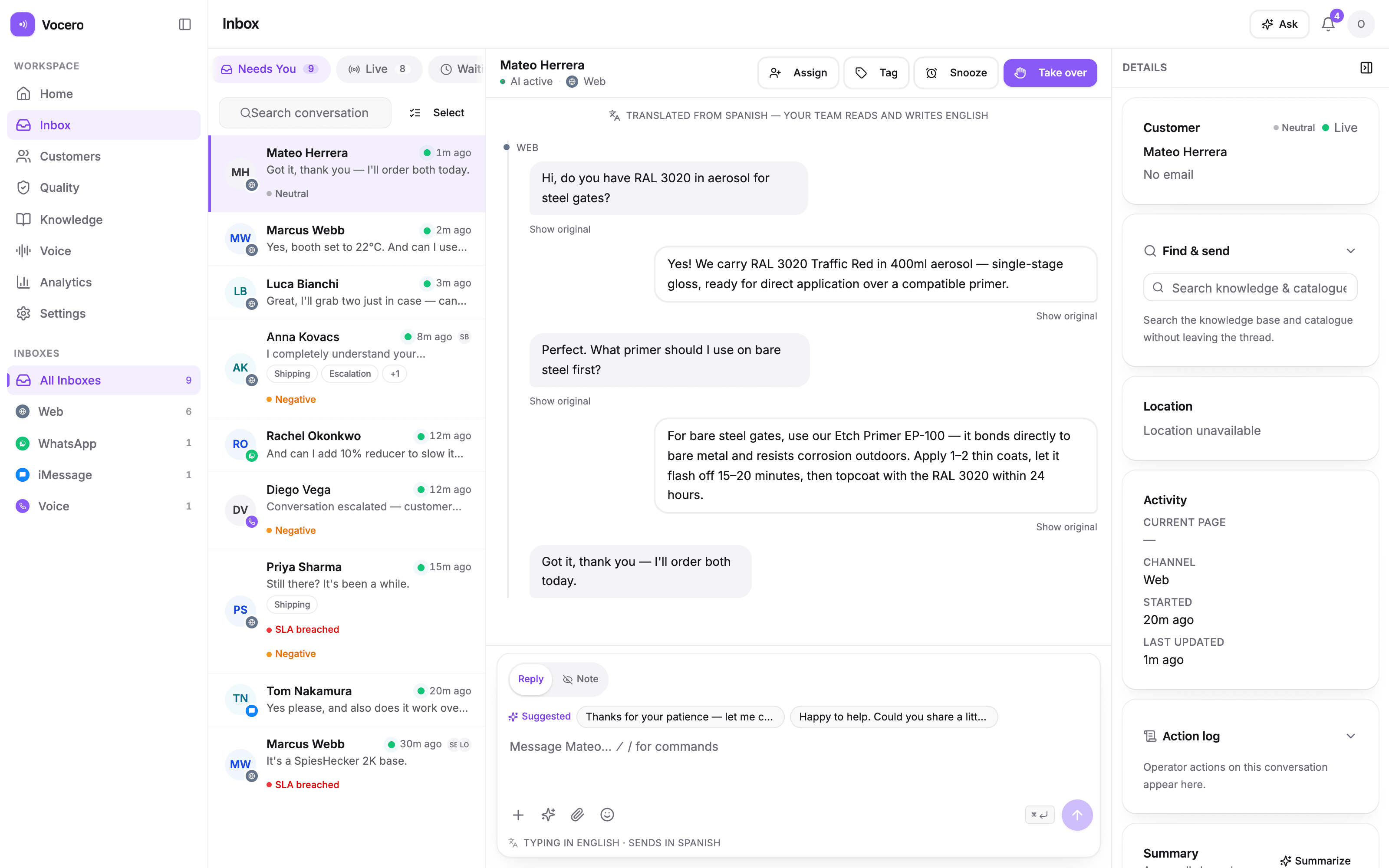 The Vocero Control Center — operator inbox / live conversations