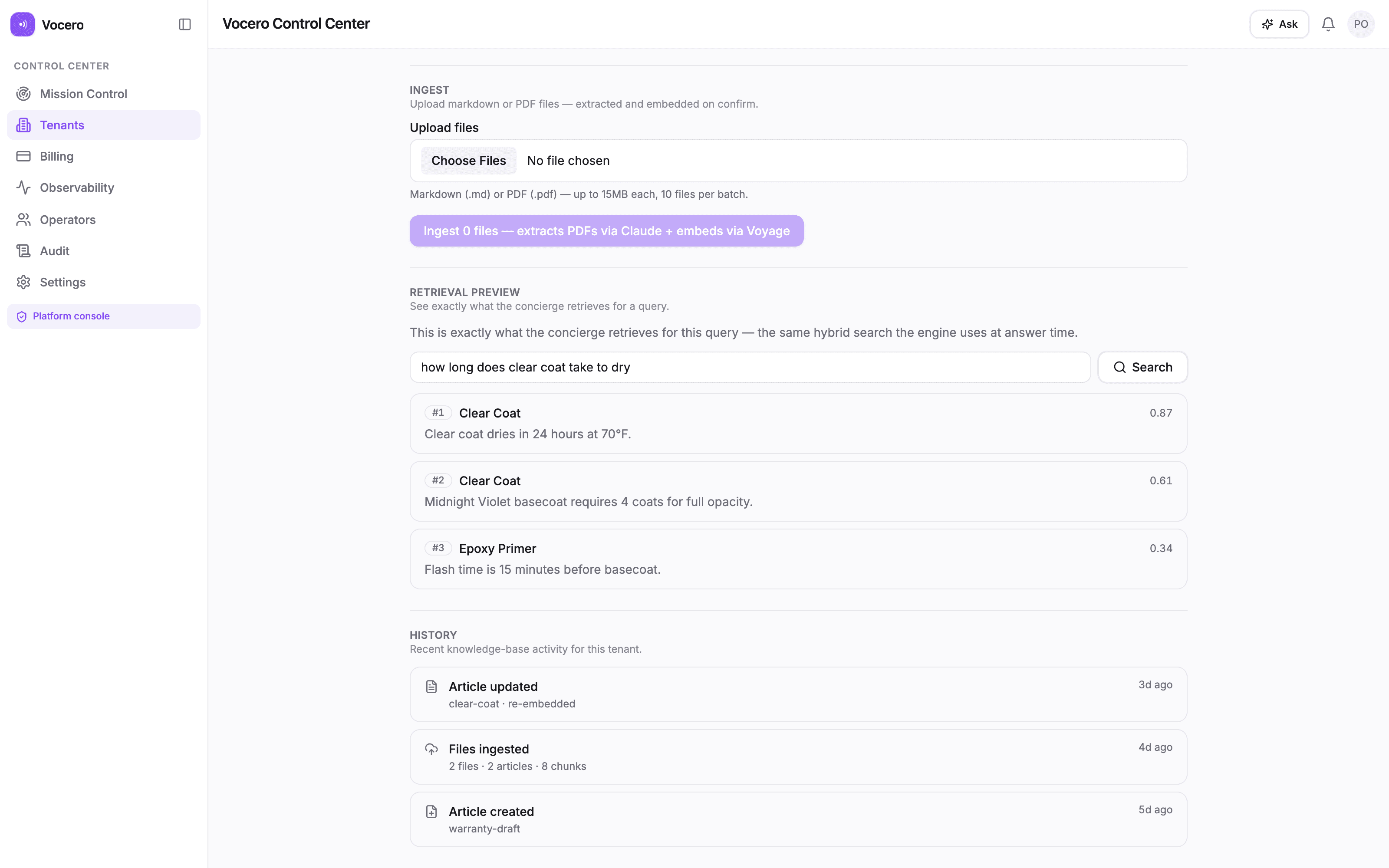 The Vocero Control Center — knowledge base manager
