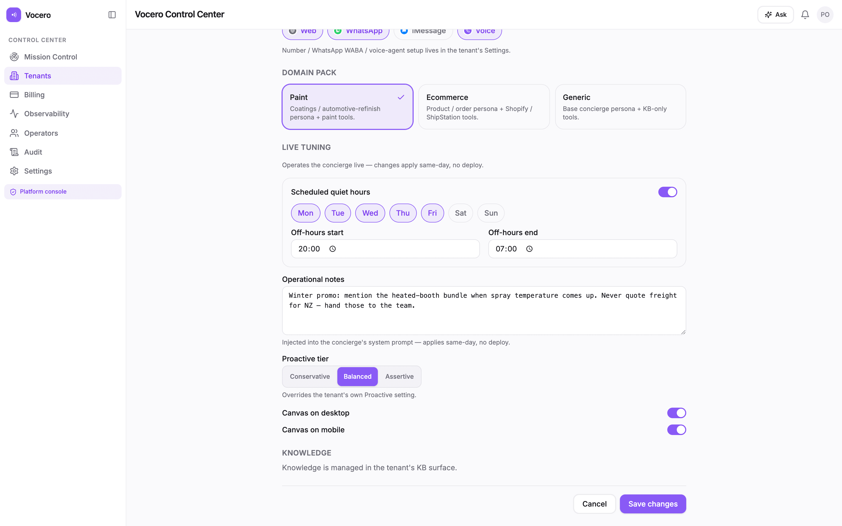 The Vocero Control Center — behavior tuning / restraint controls